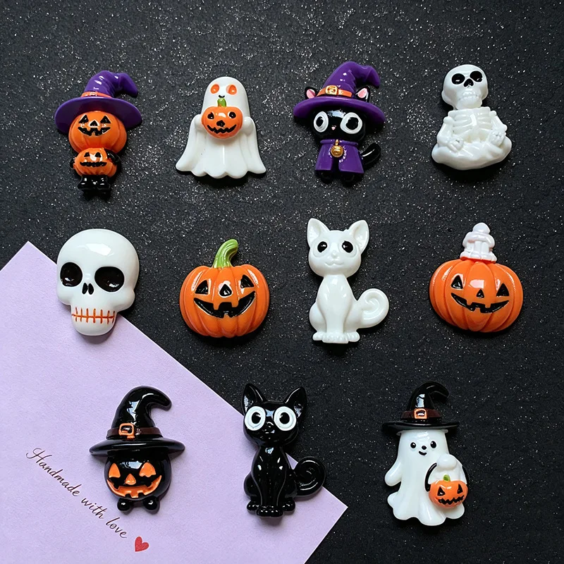 100pcs Wholesale Halloween Pumpkin Skull Ghost Resin Flatback Jewelry Accessories DIY Pendants Earrings Patches Scrapbook Decor