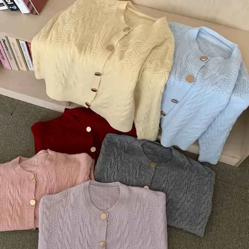 Vrouwen Snoep Kleuren Twist Gebreide Vesten Dikker O-hals Single-Breasted Vest Trui Vrouw Casual Lange Mouw Truien