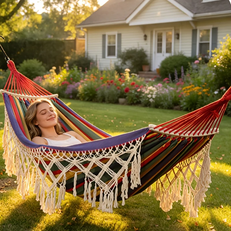 Widened and Thickened Tasseled Canvas Hammock, Luxury Widened and Thickened Double-Person Swing Hammock. Equipped with Two Wooden Sticks and Thick Binding Ropes. Ideal for Camping, Hiking, Outdoor Activities and Wedding Decorations. Storage Bag Included
