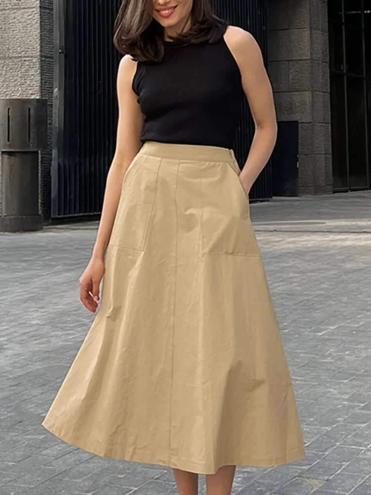 

Missuoo 2025 Autumn New Commuter Skirt for Women Khaki Cotton-blended High Waist A-line Pleated Midi Skirts Casual Bottoms