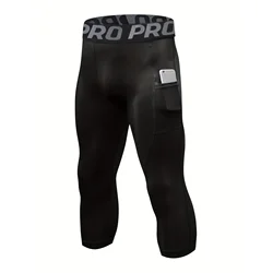Mens 3/4 Compression Pants Basketball Running Tights Quick Dry Workout Leggings with Pockets Gym Sports Base Layer