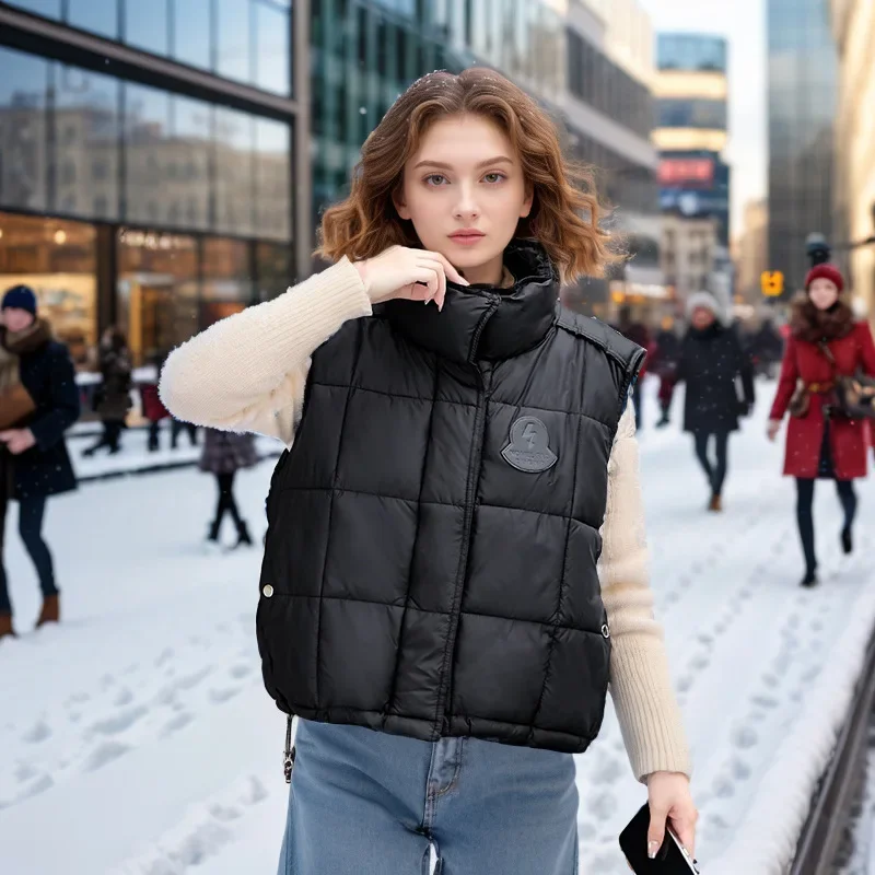 

2024 Autumn Winter Down Cotton Women's Vest New Style Pu Stand Collar Loose Fit Vest Female Sleeveless Jackets Outerwear Coat