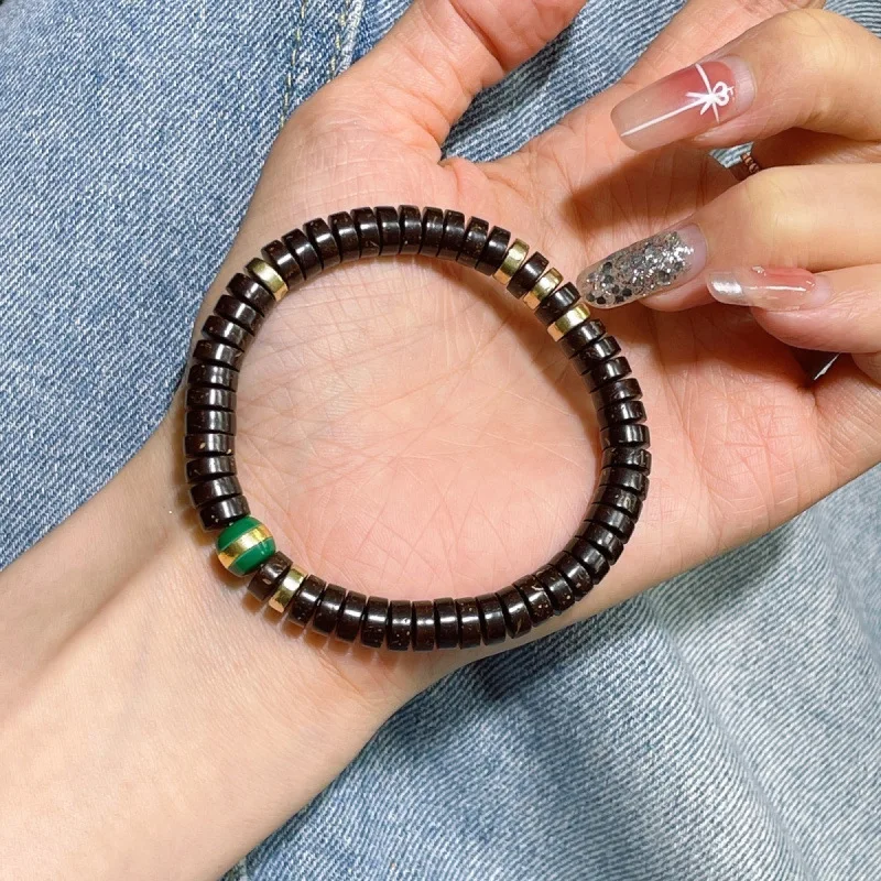 Indonesian coconut shell bracelet, natural raw beads, straight cut, single loop, black gold original color, handmade, unisex Bud