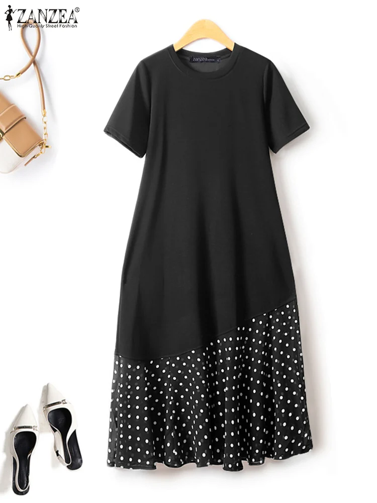 

Women Polka Dot Stitching Dress ZANZEA Fashion Short Sleeve Long Robe 2024 Summer Round Neck Sundress Holiday Loose Maxi Dresses