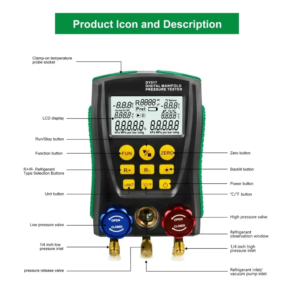 2026 Hot Sale DY517 PLUS Pressure Gauge Refrigeration Digital Vacuum Pressure Manifold Tester Air Conditioning Temperature view 5
