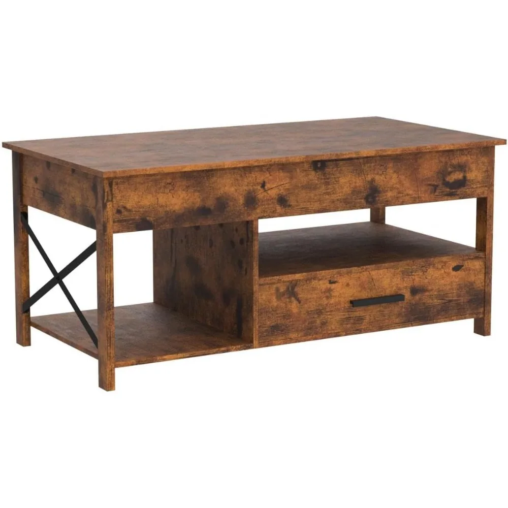 Lift Top Coffee Table com compartimento escondido e sorage gavetas, marrom rústico, sala de 39"