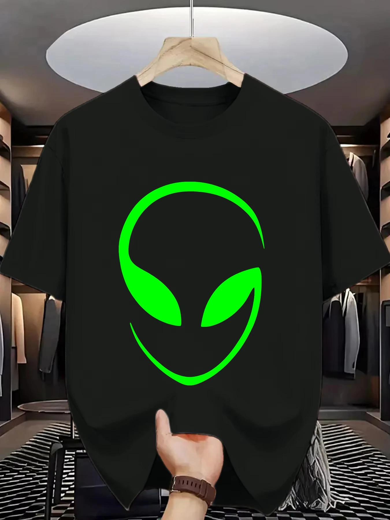 Trendy Men Casual Graphic T-Shirt with Neon Green Alien Print Round Neck Summer Style Machine Washable Summer T-shirt