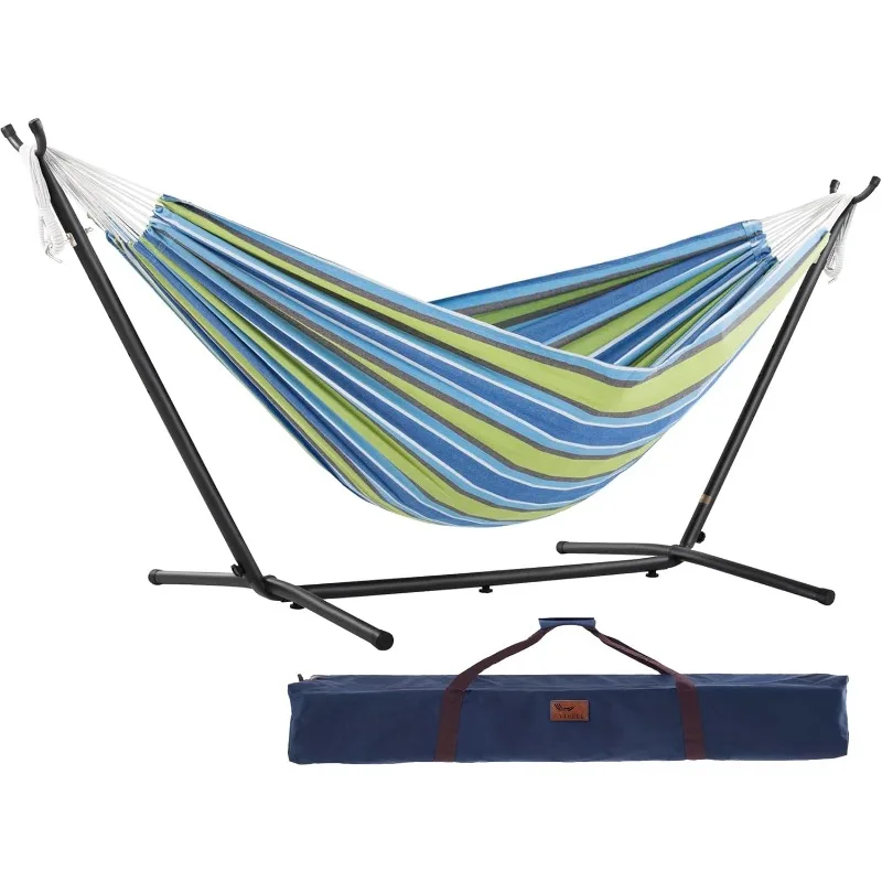 

Vivere Double Cotton Hammock with Space Saving Steel Stand, Upgraded Polyester End Strings 450 lb Capacity