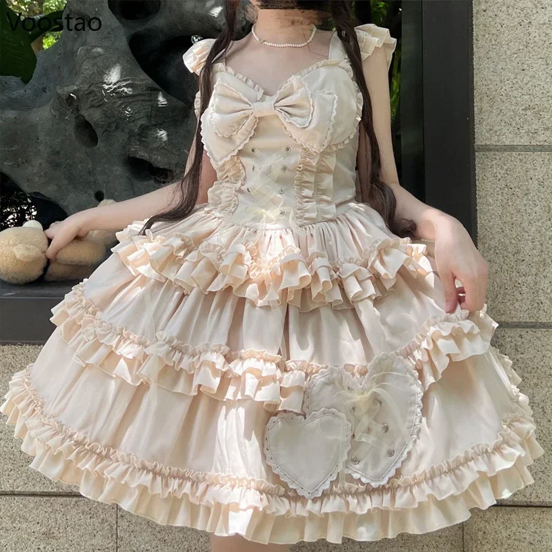 Japanese Gothic Lolita Princess Jsk Dress Women Vintage Kawaii Bow Ruffles Heart Slip Dress Girls Sweet Y2k Punk Party Dresses