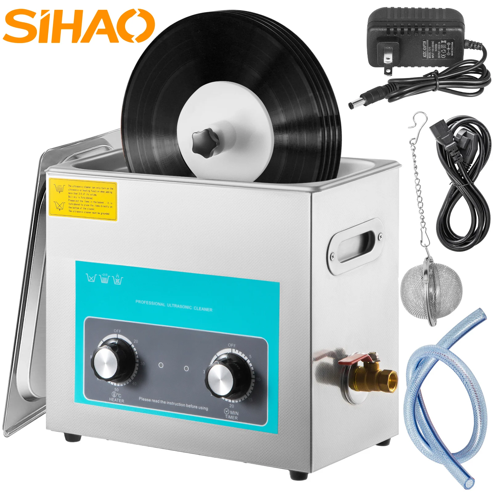 SIHAO 6-2.85L Pulitore per vinile ad ultrasuoni 7-12 pollici Manopola di controllo 8 dischi Macchina per la pulizia del vinile ad ultrasuoni 180W per il negozio domestico