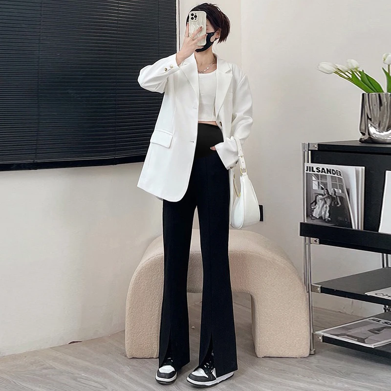 Spring Maternity Split Trousers with Pockets Fashion Pregnant Woman Suits Pants Elegant Office Lady Belly Boot Cut Flare Bottoms