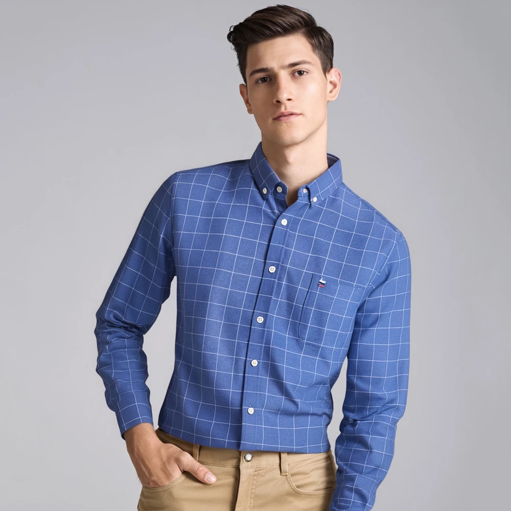 Camicia a maniche lunghe Oxford da uomo 100% cotone resistente alle rughe e traspirante, camicie abbottonate casual comfort a righe scozzesi solide