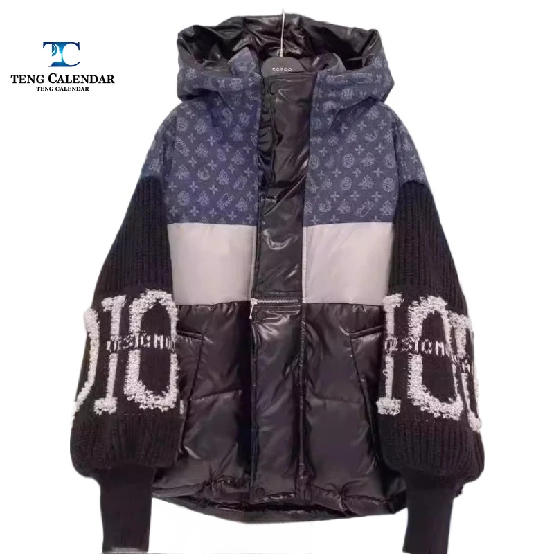 Down jacket fashionable, denim patchwork hooded letter knitted sleeves thick white duck down jacket, women\'s  winter new style