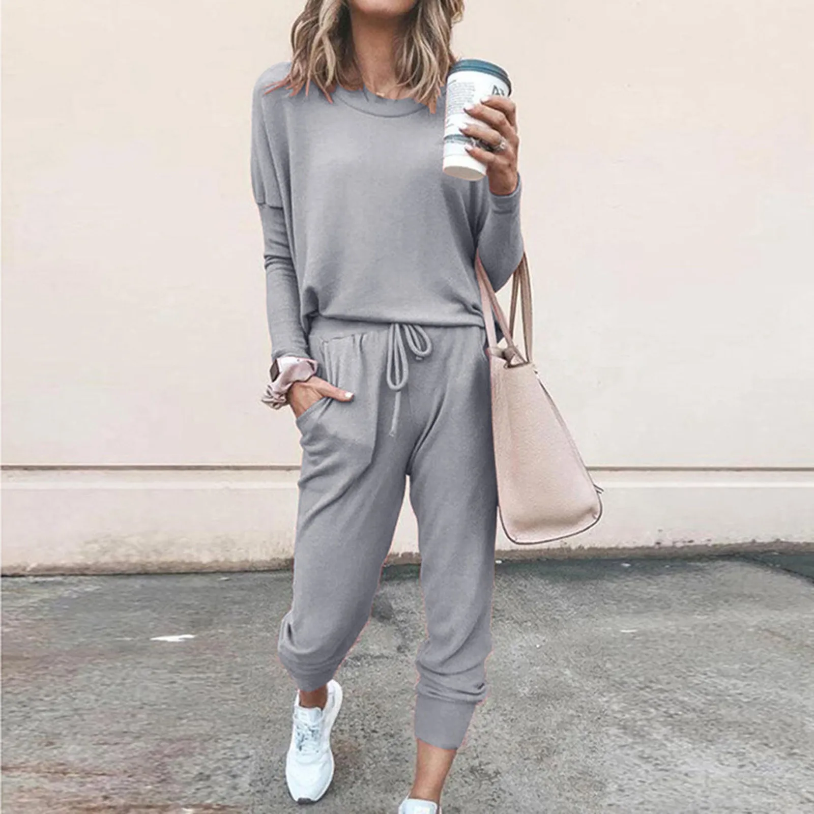 

Women Solid Color Long Sleeve O Neck Blouse Top Drawstring Pants Sport Tracksuit Sports shirts autumn winter set Tracksuit Women