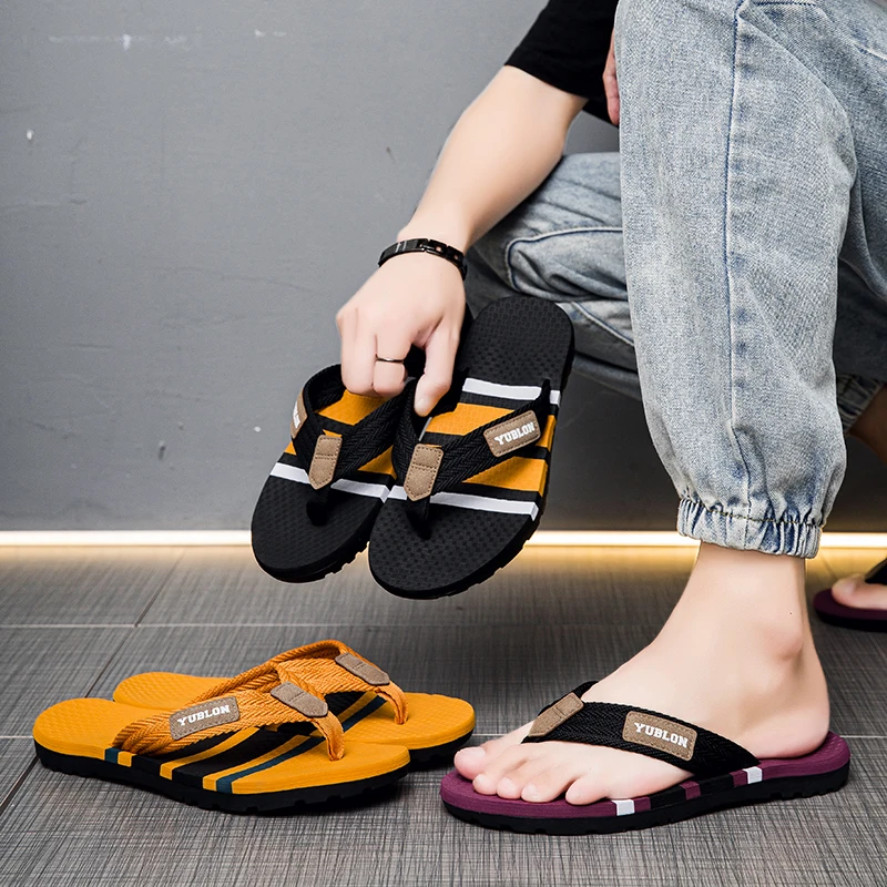 YUBLON flip flops for men in summer wear anti-slip ergonomic soft bottom trendy foot-pinning beach sand sand