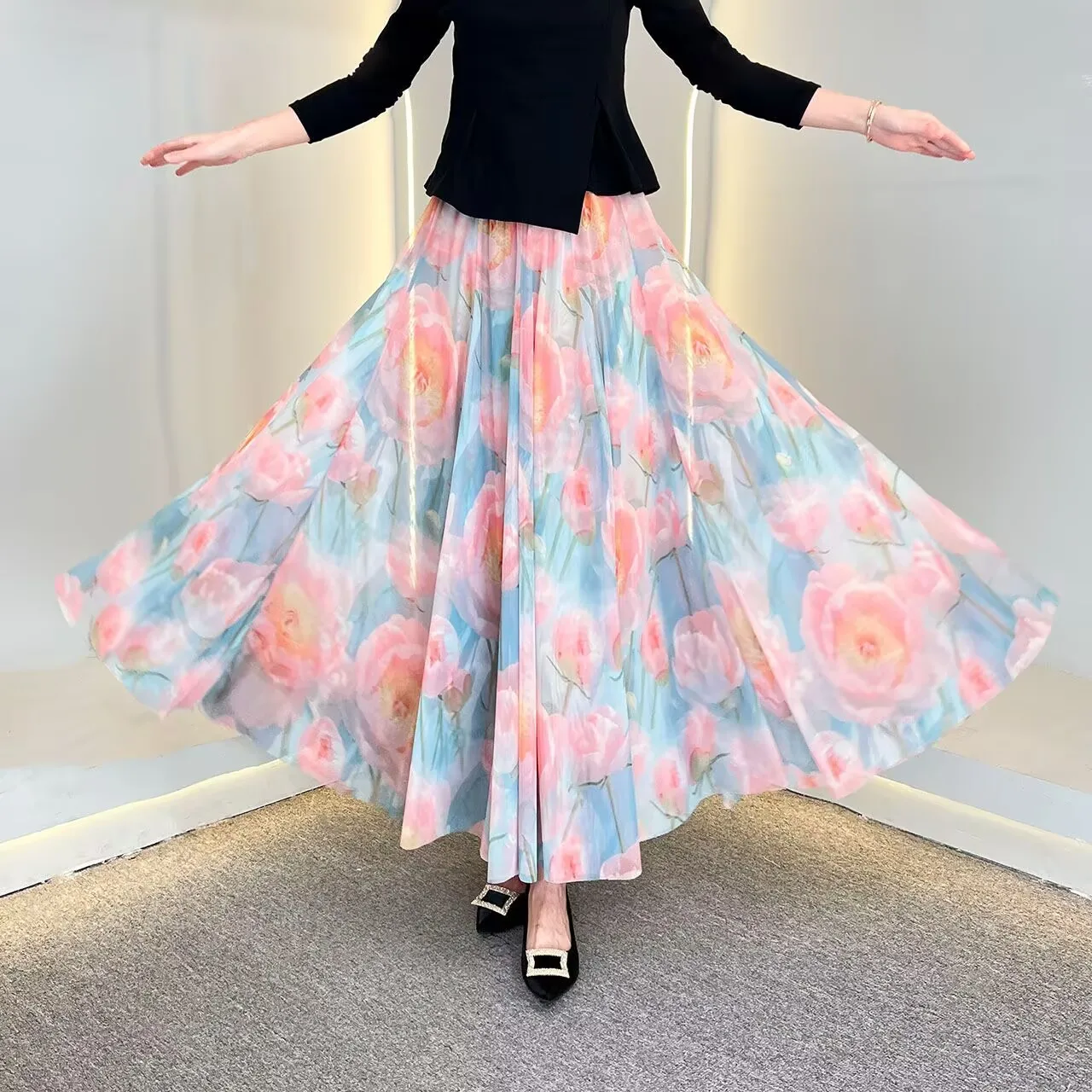 

New Skirt Women's Long Skirt High Waist A-line large Swing Dance Skirt Female Printing Skirts Summer Mesh Skirt