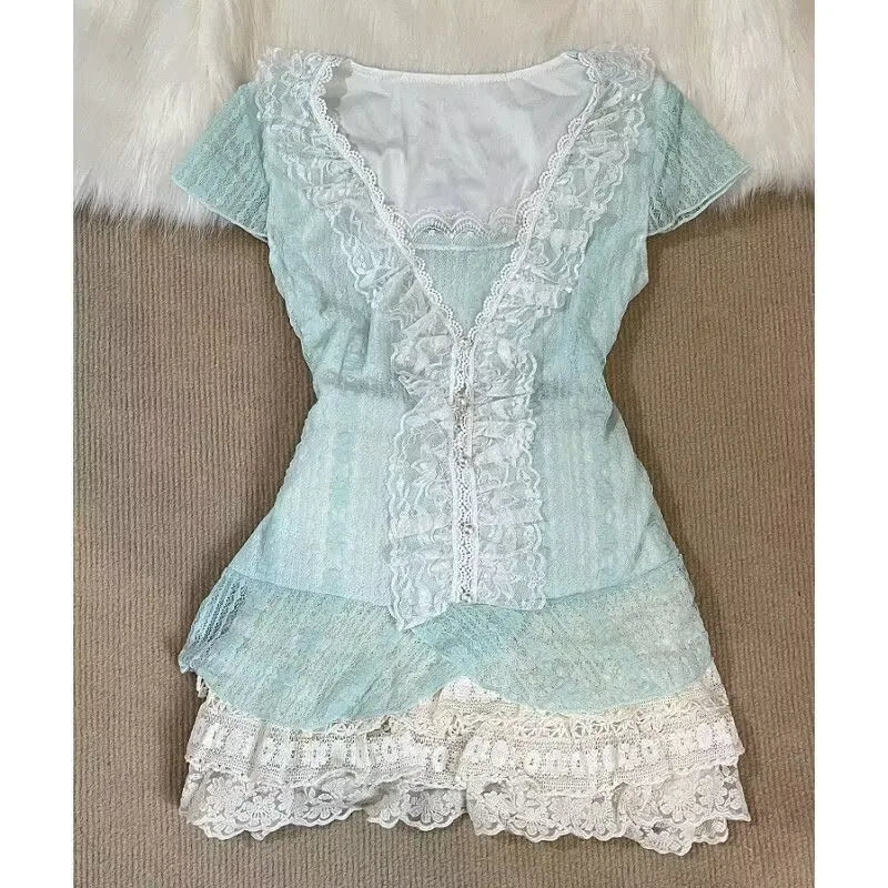 New Fashion Retro Elegant Sweet Cute Lolita Lace 2 Piece Set Women Short-sleeved Y2k Tops + Mini Cake Kawaii Mini Skirt Outfit