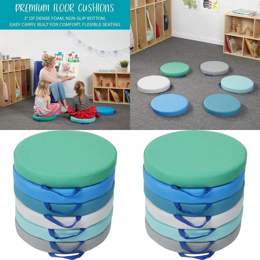 

Set of 6 Soft 15 Round Foam Floor Cushions for Kids, with Handles, 2 Thick, Ideal for Classrooms and Playrooms
