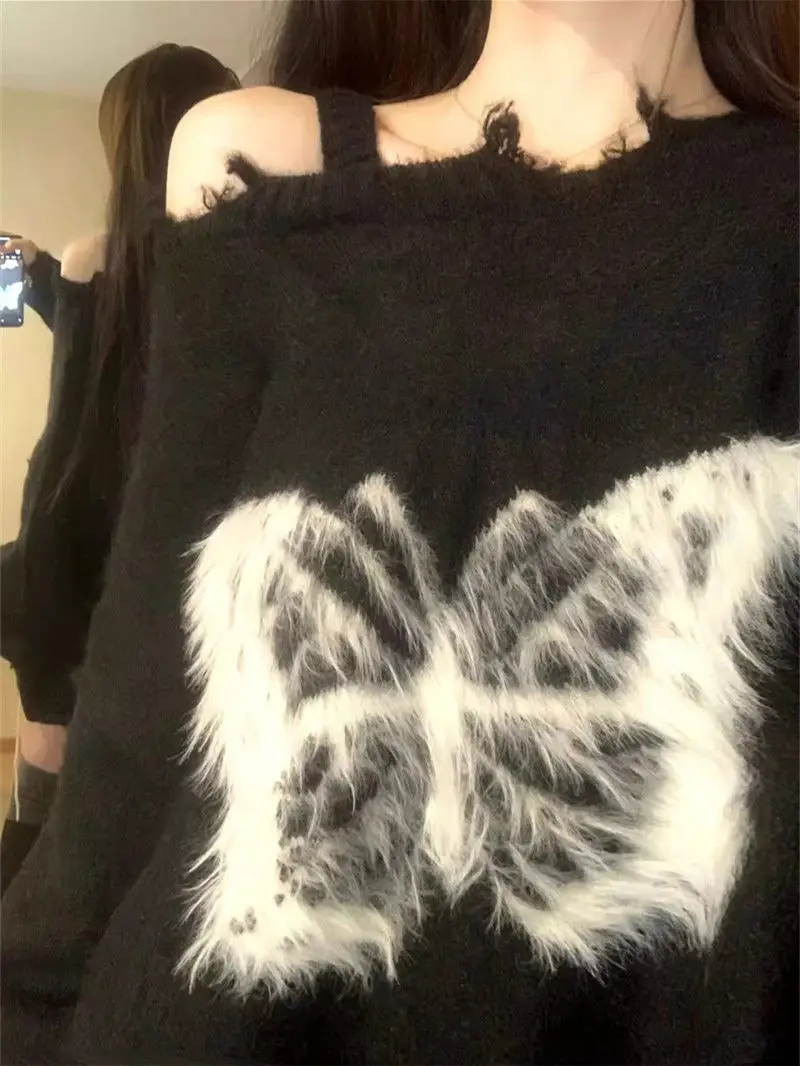 

Женский вязаный свитер с открытыми плечами и узором бабочки, осенний новый повседневный топ, женский свободный вязаный пуловер, топы