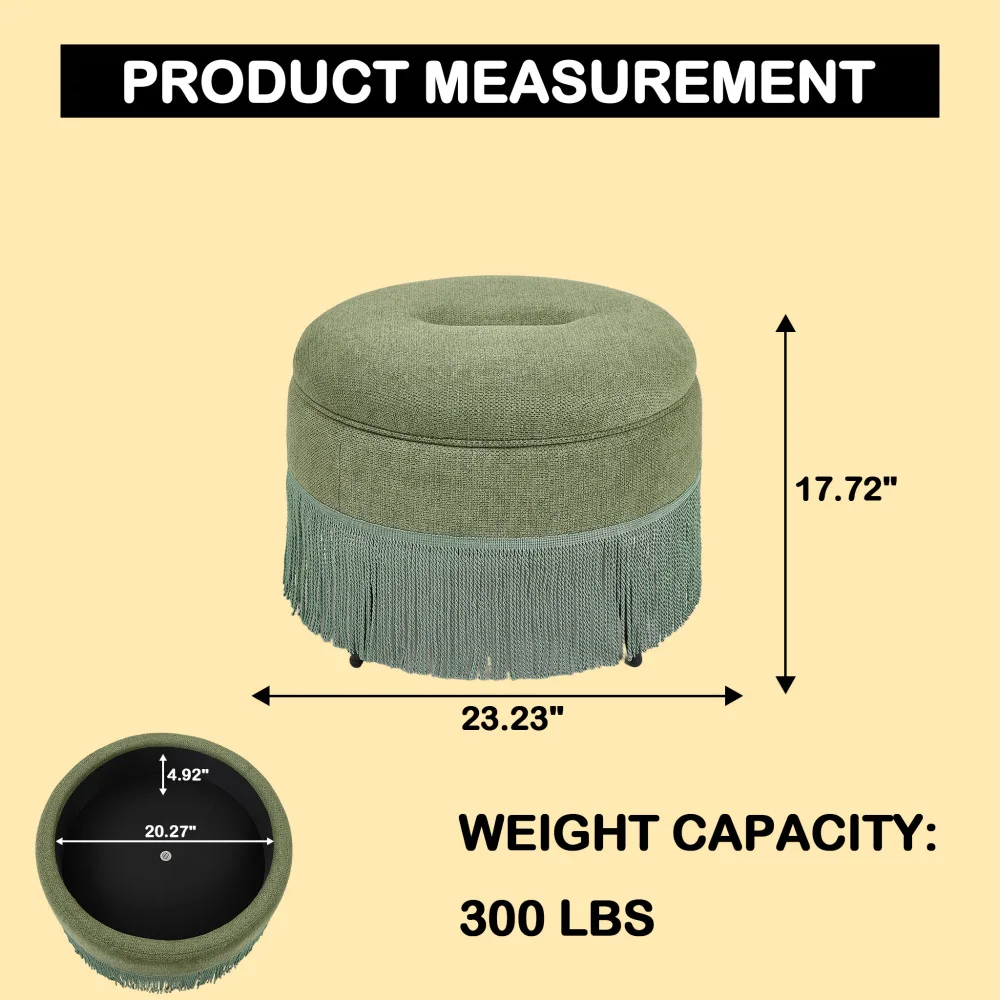 Orraves Green Round Storage Ottoman Bench, 23.23 Inch, Tassel Fringe Upholstered Footstool, 300 LBS Capacity for Living Room Bedroom Entryway
