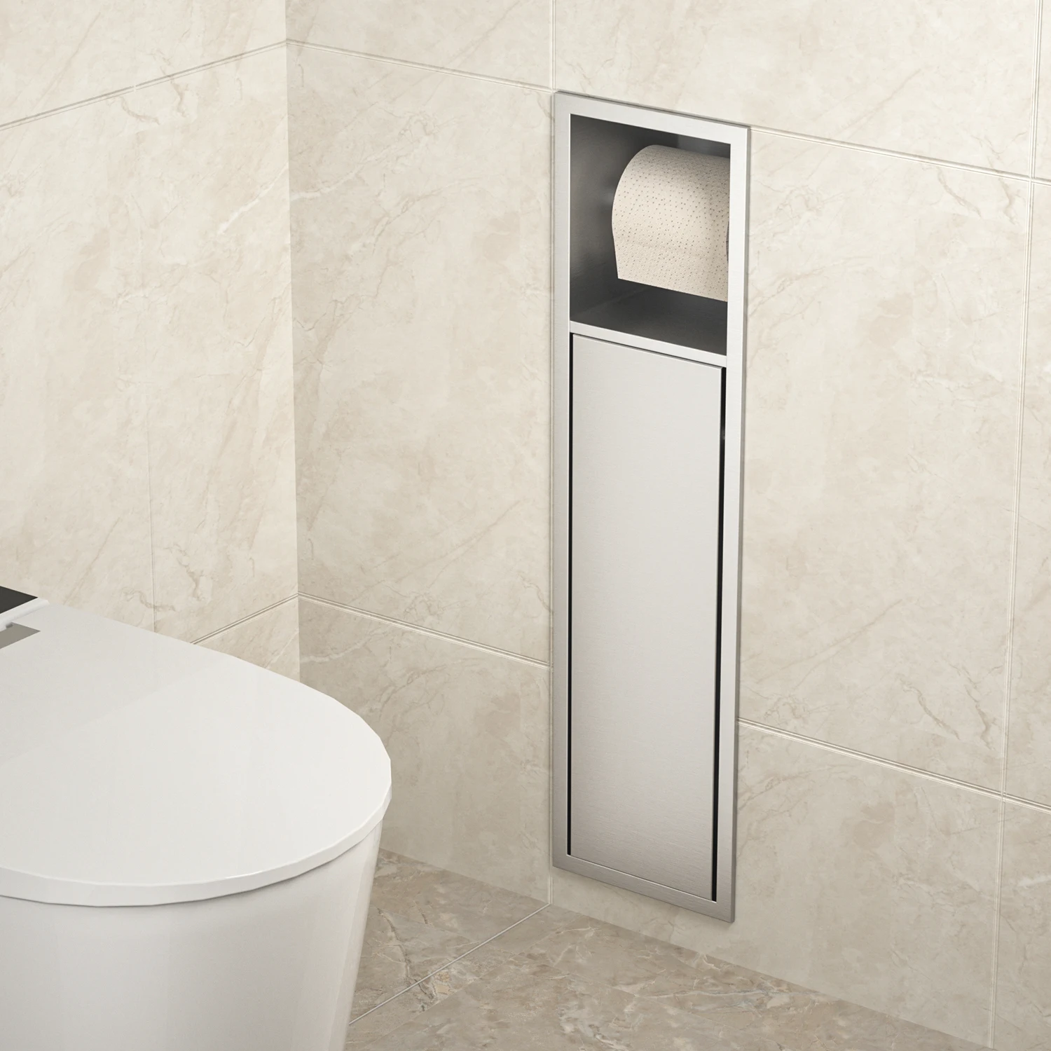 Modern Flush Mount Toilet Paper Brush Holder Easy Installation 304 Stainless Steel Sleek Brushed Finish Storage Bathroom Use