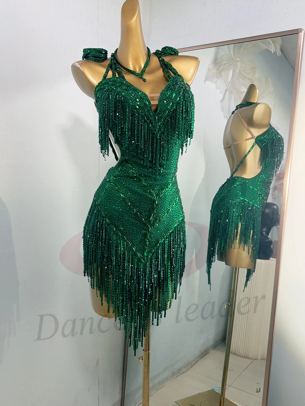 Costume de danse latine AB Stone pour femmes et enfants, robe verte Jade personnalisée haut de gamme, robe de spectacle Samba