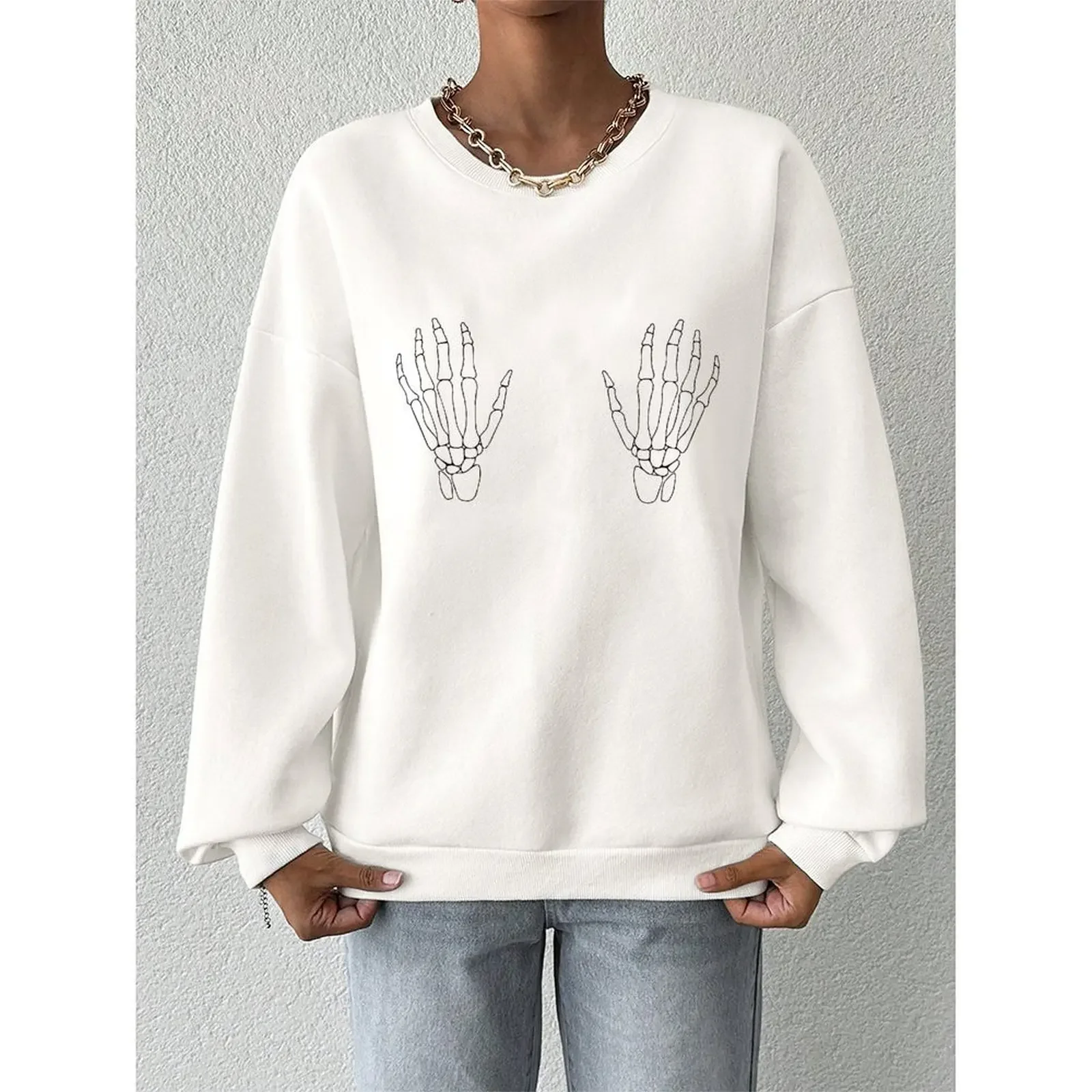 

Женский зимний бархатный пуловер с круглым вырезом и длинными рукавами, повседневный забавный пуловер с принтом скелета, удобный свитшот, топы, женская одежда