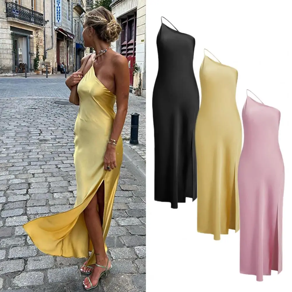 

Casual Dress Elegant Women's Party Dress with Sloping Collar Open Back Design Side Slit Detail Sexy Sleeveless Long for Special