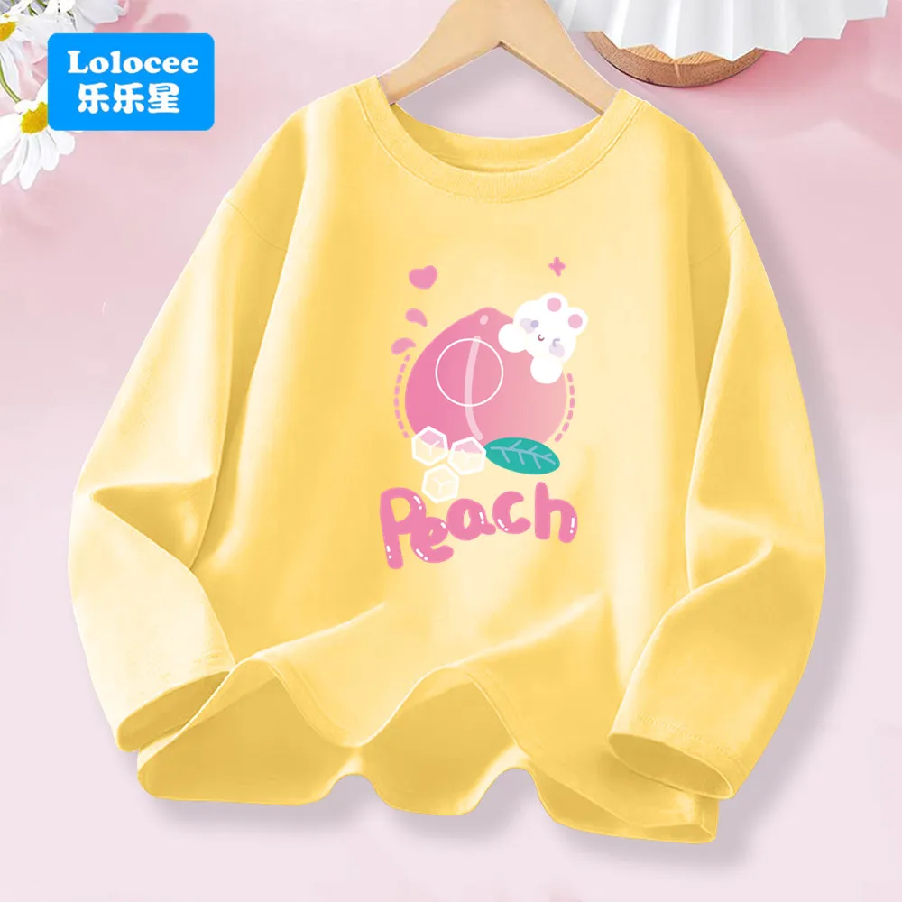 Sweet Peach Fruit and Rabbit Design Girls' T Shirts Cotton Casual Clothes Spring Autumn Long Sleeve Top