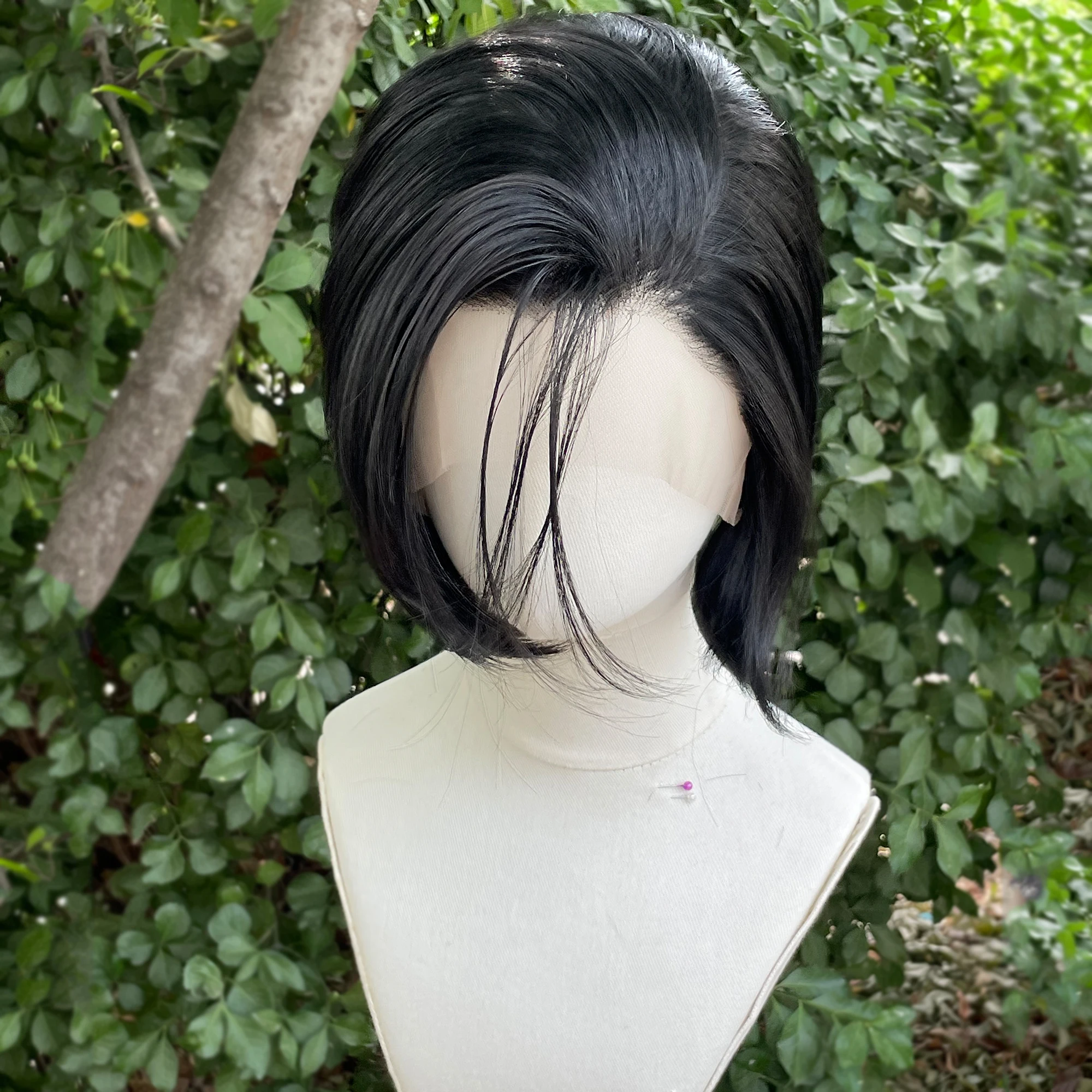 Jet hitam pendek potongan Bob sintetis renda depan wig untuk wanita Cosplay wig untuk pria rambut alami tanpa lem 13x4 renda depan wig