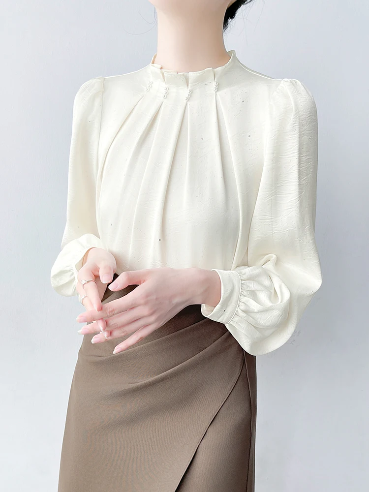 

Korean Sle Busin Casual irt Women's Long Sve Pearl Embellied Pleated Stand Collar Versatile Profional Intervie...