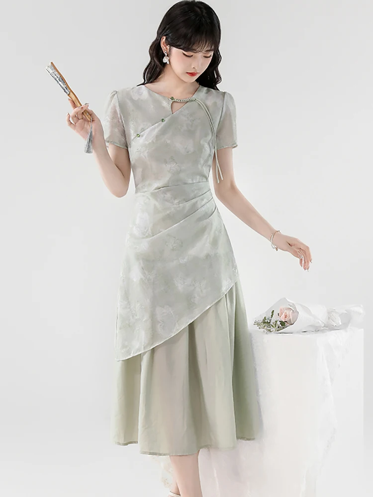 女性用グリーンジャカードパッチワークフェイクツーピースドレスサマープリーツボディコンカジュアルドレス2025韓国エレガントフェスティバルパーティードレス