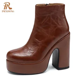 PRXDONG INS 2024 New Brand Genuine Cow Leather Shoes Woman Ankle Boots Chunky High Heels Platform Black Brown Dress Office Lady