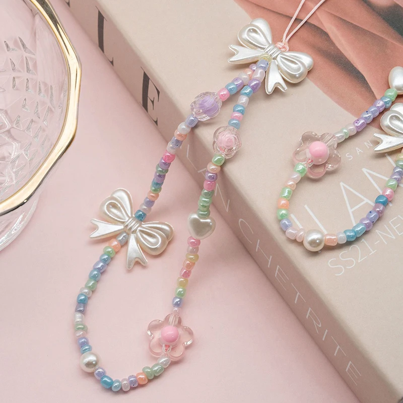 1Pcs 6.89in Colored Baded Chain Bow Mobile Phone Chain Women Girls Beaded Telephone Lanyard For Anti-Loss Cellphone Jewelry