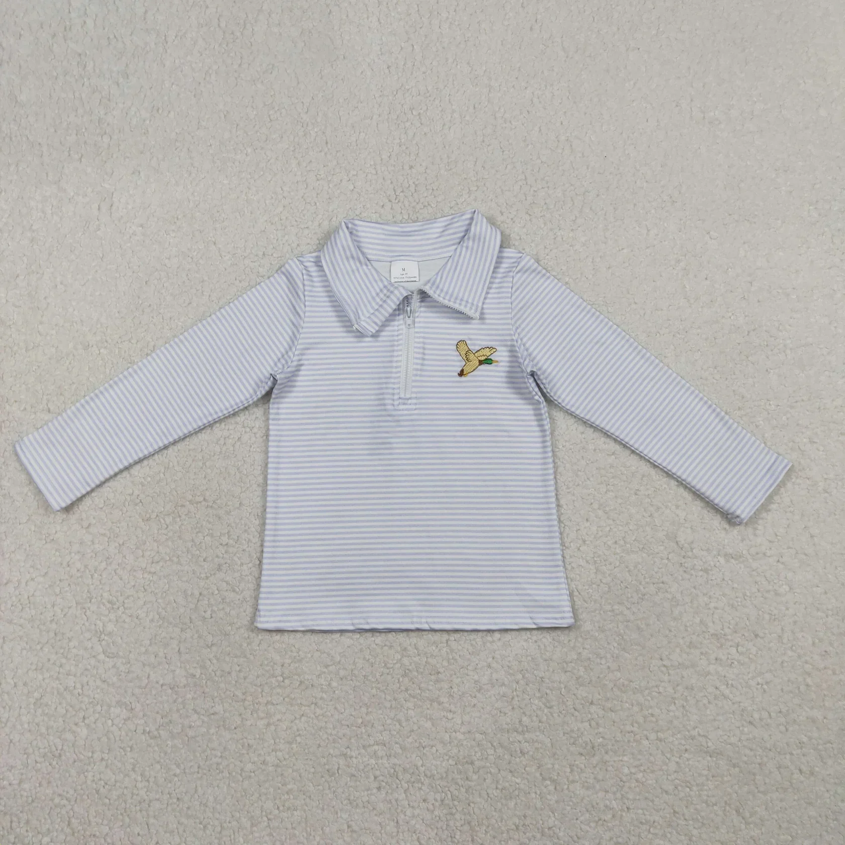 Wholesale Toddler Boys Duck Pullover Baby Boy Kids Zipper Shirts Infant Children Blue Stripes Long Sleeves Embroidery Clothes