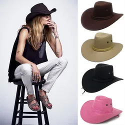 Women Men Cowboy Hat Unisex Faux Leather Sunhat Wild Brim Panama Hat Visor Hats Traveling Safari Sun Shield Hat