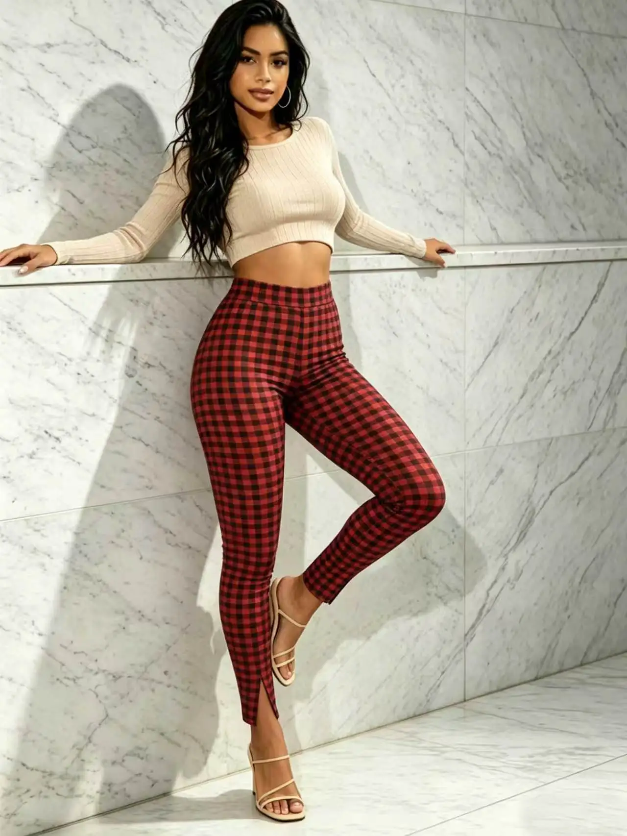 Casual Home-wear High-waisted Two-tone Checkered Printed Nine-inch Pants Suitable For Outings And Versatile As A Tight Base Pant