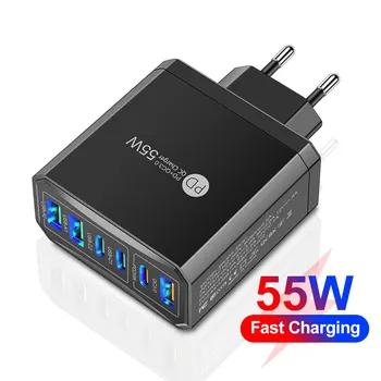 고속 충전 3.0 여행용 USB 충전기, 아이폰, 삼성, 화웨이, 샤오미 휴대폰 충전기, 6 포트, 55W PD