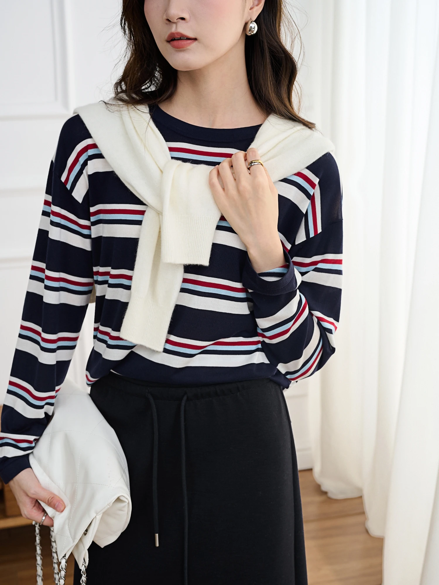 

JPOO Women's Long Sve T-irt Loose Fit round Ne Stripe Design Silk Wool Blend Comfortable Casual Sle Commute Faion