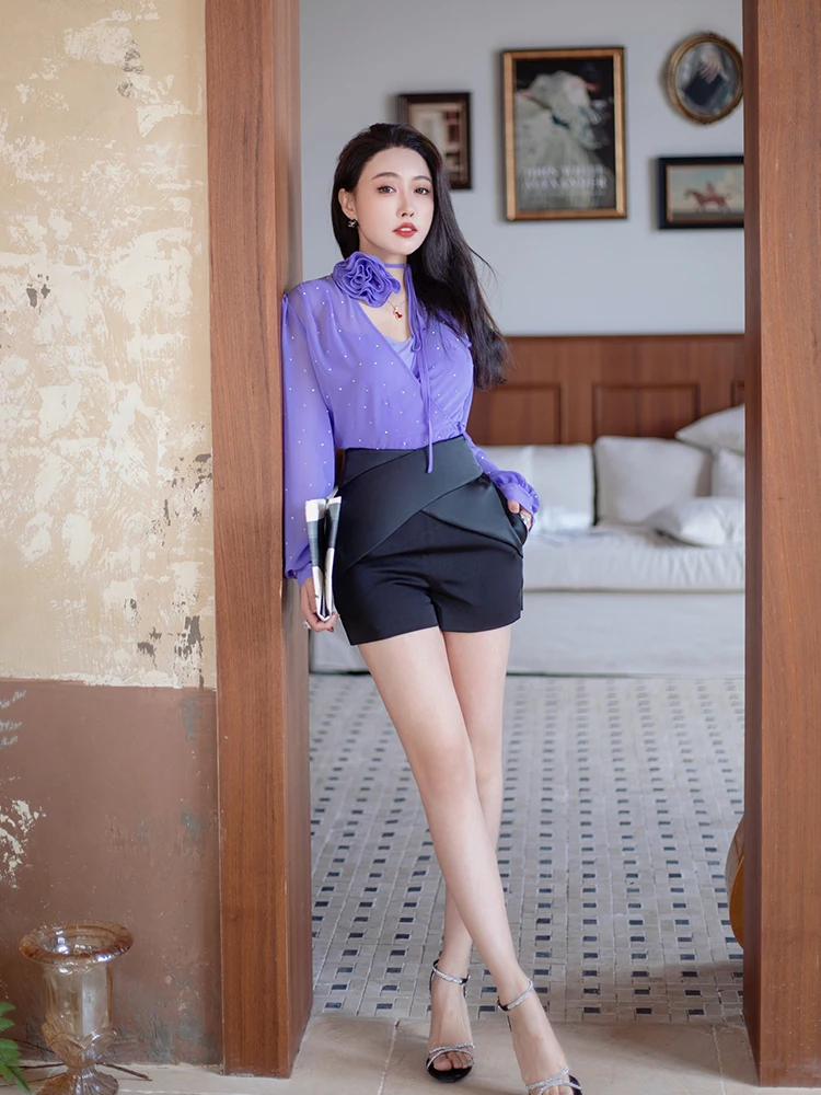 

High Waist ort Pants Faion Fabric Patchwork Satin Cross Waist Belt Long Legs ReVe Haute Couture Street Sle Wid...