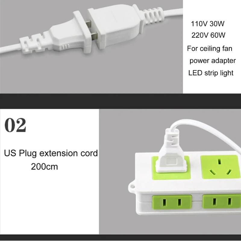 Timer Extension Cord Extension Cable 60W Maximum Load, Durable Plastic Material, 200cM Length for Ceiling Fan LED Light Dropship