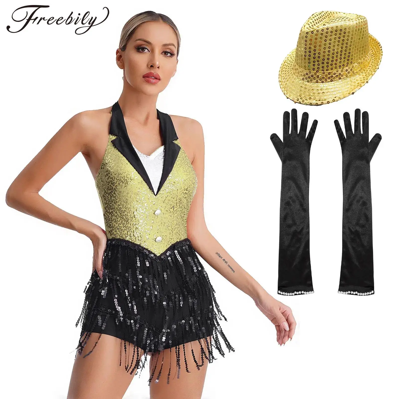 Women\'s Modern Jazz Dance Costumes Shiny Sequins Tango Salsa Latin Dance Leotard Femme Tuxedo Bodysuit Halloween Party Costume