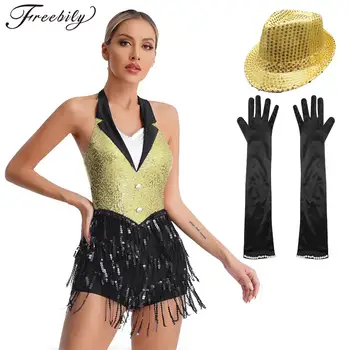 Costumi da ballo Jazz moderno da donna paillettes lucide Tango Salsa body da ballo latino Femme Tuxedo body Costume da festa di Halloween