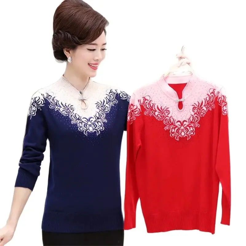 

Middle-Aged Women's Autumn And Winter Knitted Sweater 40 Years Old 50 Mother Wear Long-Sleeved Cheongsam Collar bottoming shirt