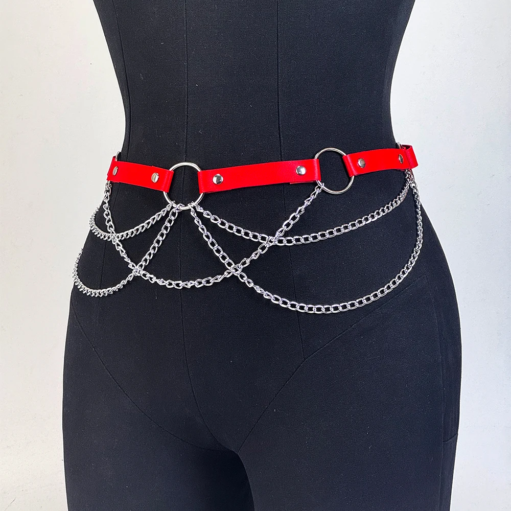 Women Fashion PU Leather Harness Belt Gothic Y2K Multi-layer Chain Waist Cincher Punk Adjustable Vintage O-Ring for Party Dress view 2