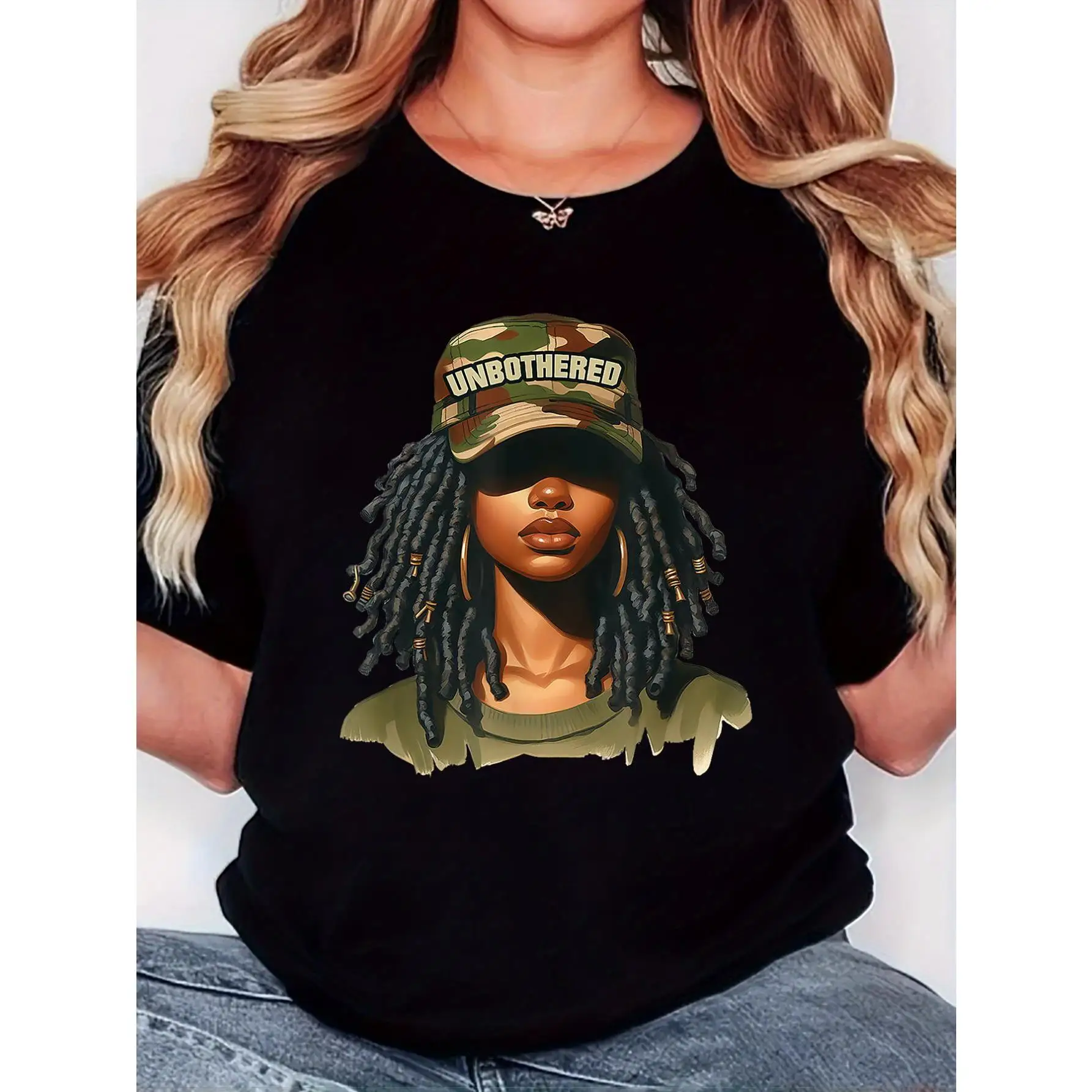 

Women's T-Shirt, "Camouflage Hat Dreadlocks Girl" Print, Retro Minimalist Fashion, Round Neck, Casual Comfort, Sports Short Slee