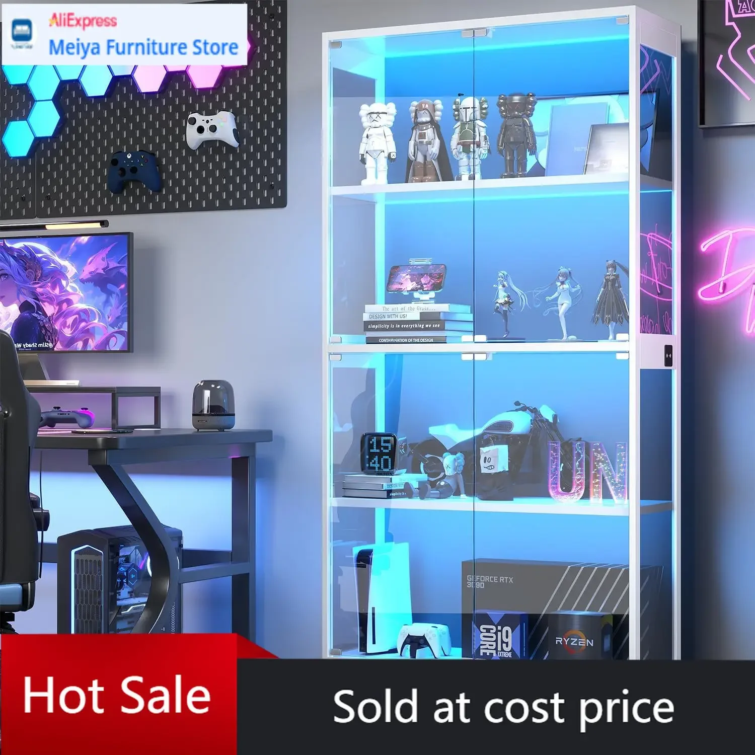 White 63 Inch Tall Curio Cabinet Glass Doors Human Sensor RGB LED Lights 4 Tier 15mm Thick Shelves Action Figures Collectibles B