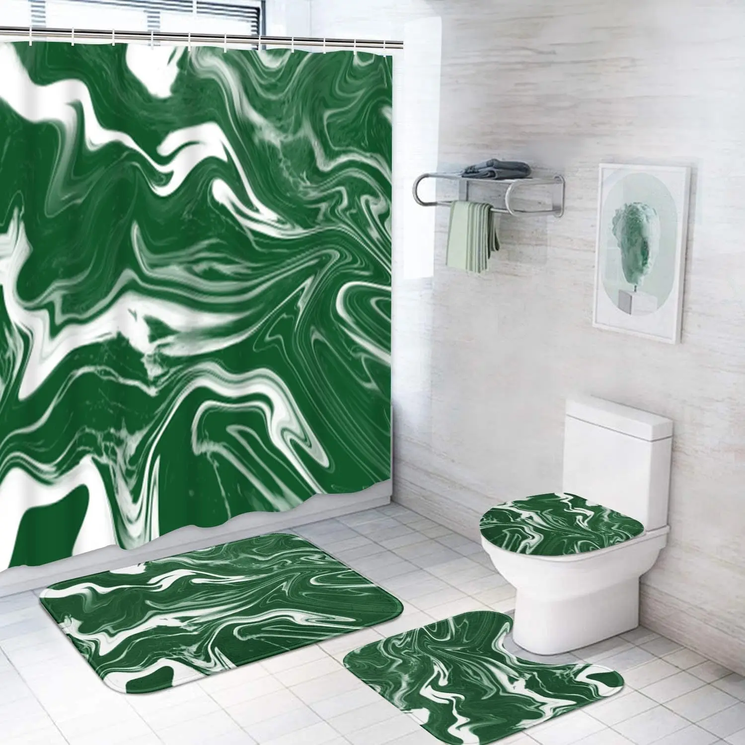 

Зелено-белый набор занавесок для душа с ковриками, мраморный набор для ванной комнаты с нескользящим ковриком, крышка для унитаза, коврик для ванной