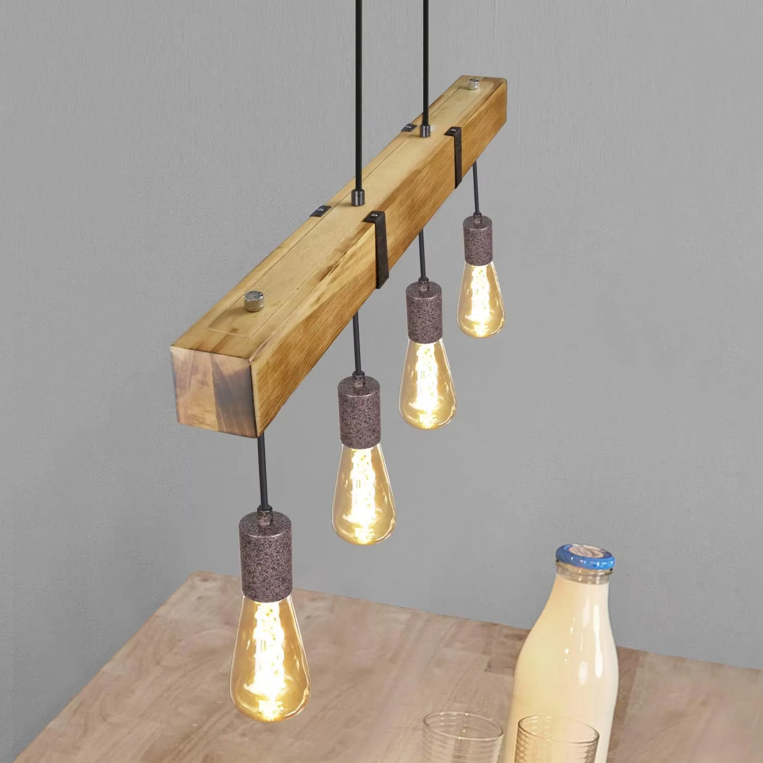 Vintage Pendant Light Wood Dining Table Lamp Retro Hanging Lamp Industrial Wooden Beam 4 X E27 for Kitchen Island Living Room - Image 4