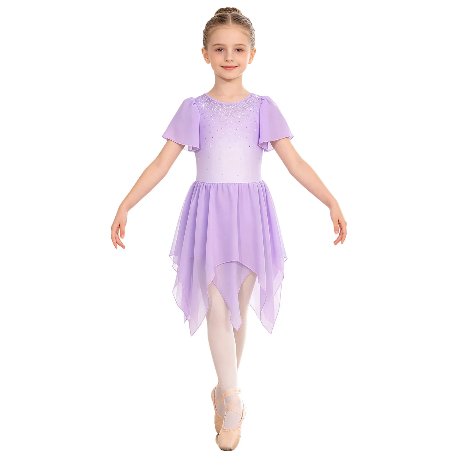Kids Girls Rhinestone Ballet Dress Layered Ruffled Asymmetrical Hem Skating Dress for Dance Party Stage Performance Competition 2